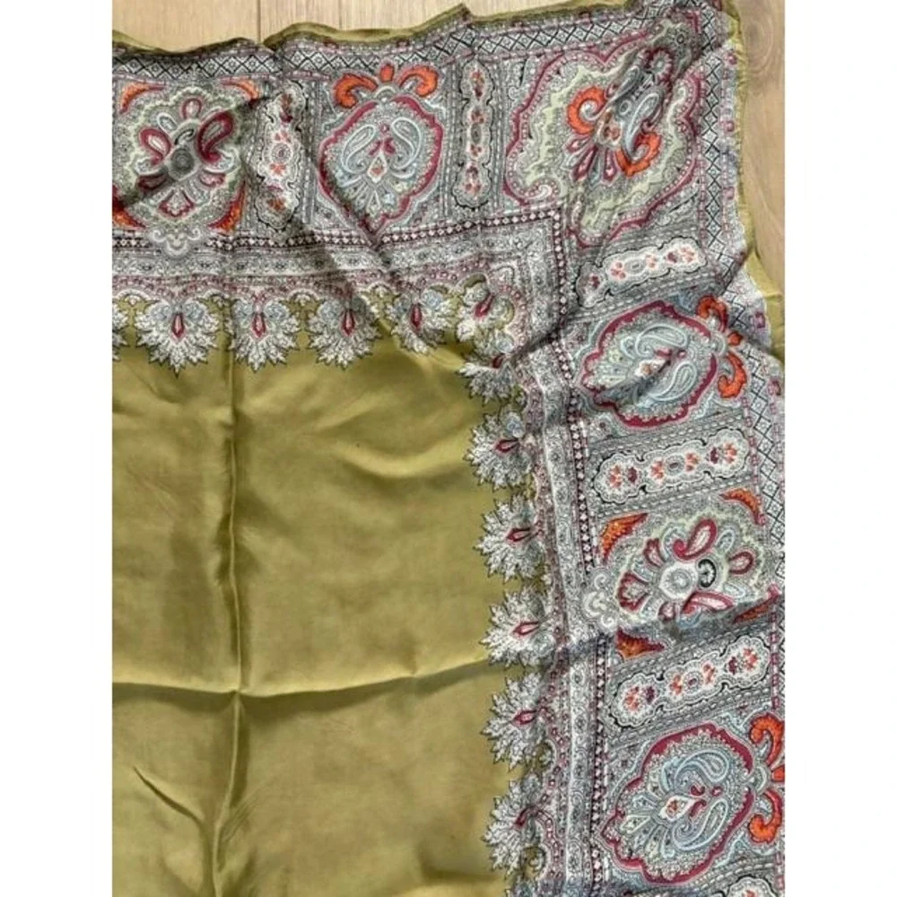 Vintage Paisley‎ Patterned Gold Green Scarf with Ornate Border